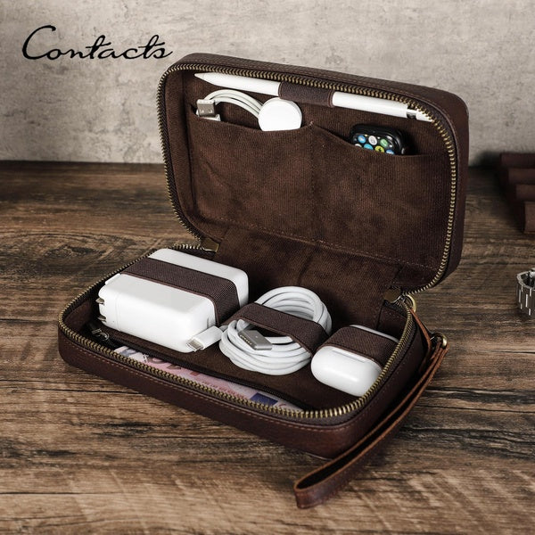 Fait à la main en cuir véritable Portable USB câble de données sac de rangement étui pour écouteurs accessoires électroniques Gadgets organisateur nu