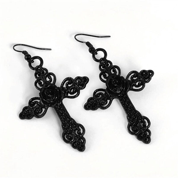 Goth Earrings Cross with Black Rose Earrings Detail Trad Creativity Punk Fashion Statement Earrings Jewellery Gorgeous Earrings Unique Big Women Gift