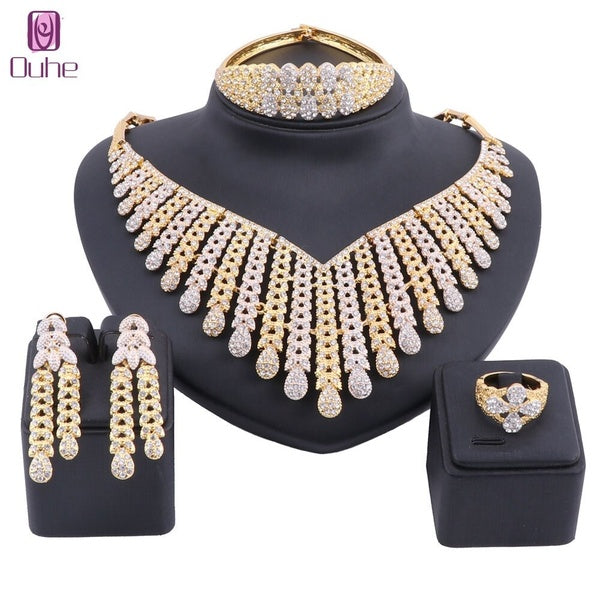 Fashion Bridal Earrings Necklace Bangle Ring Dubai Luxury Crystal Wedding Jewelry Sets Gold Color Women's Costume Jewellery Gifts