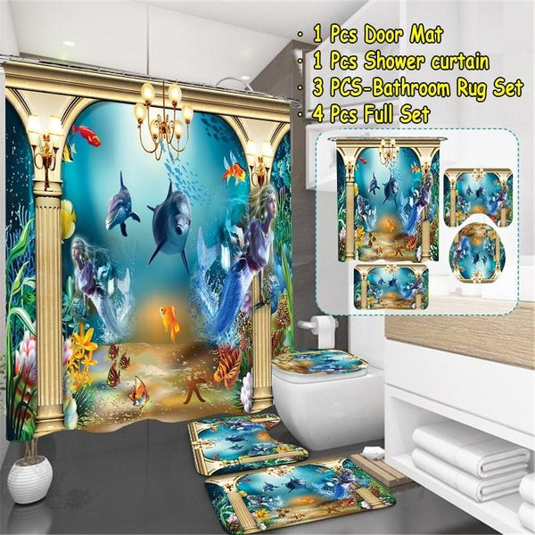 3D Gold Seaworld Dolphin Bathroom Decor Shower Curtain Set Waterproof Bath Curtain + Toilet Cover + Non-Slip Bath Rug + Non-Slip U Shape Mat Shower C