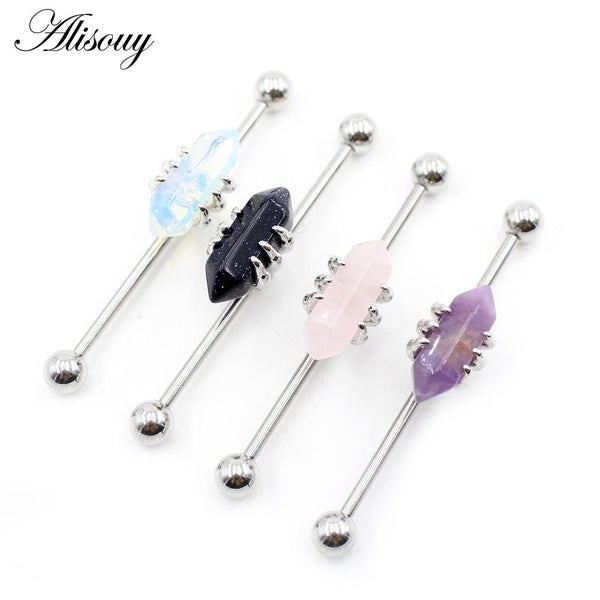 Alisouy 1 PC acier inoxydable 14G opale pierre industrielle haltère échafaudage boucle d'oreille ronde oreille Cartilage Helix Tragus Piercing bijoux