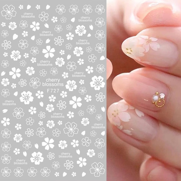 1pcs Cherry Blossom Nails Stickers White Gold Flower Leaf Decals Tattoo Sticker Self Adhesive Summer Nail Accessories NLF728-737
