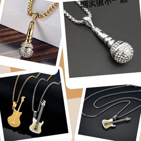 Fashion Microphone Necklace for Men Women Vintage Gold Silver Music Singing Rhinestone Charm Necklace Collars Beautiful Necklace Gift