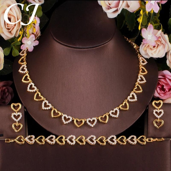 CANDICE Trendy Heart Shape Jewelry Set Yellow Gold Color Paved White AAA CZ Crystal Stone Hollow Out Choker Necklace Earrings Sets for Woman