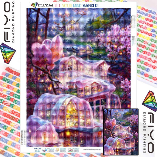 FIYO Pink Cabin Diamond Painting Kits For Adults DIY 5D Diamond Mosaic Diamond Painting Home and Kitchen Fashion Canvas Pictures Wall Decoration Gift