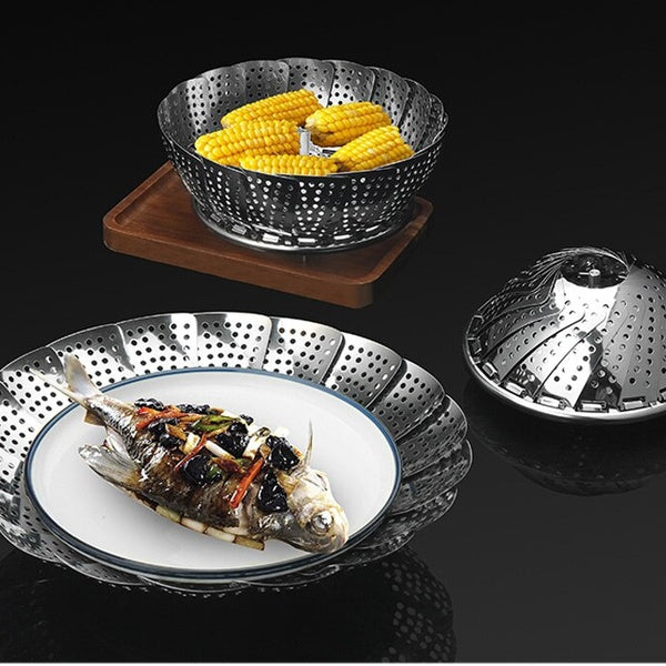 1PC Folding Dish Steam Stainless Steel Food Steamer Basket Mesh Vegetable Cooker Steamer Expandable Pannen Kitchen Tool XB 074