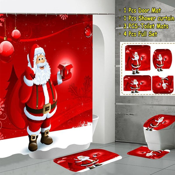 3D Christmas Santa Red Bathroom Shower Curtain Set Waterproof Shower Curtain+ Non Slip Bathroom Pedestal Rug + Toilet Lid Cover + Rug Bathroom Decor