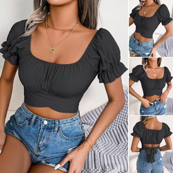 Women's Summer Short Sleeve Chiffon Crop Tops Fashion Casual Loose Shirts Female Solid Pleated Top Blouses