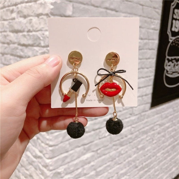 Korean New Brand Design Semicircle Earring Jewelry Autumn Winter Lips lipstick Ball Earrings For Woman