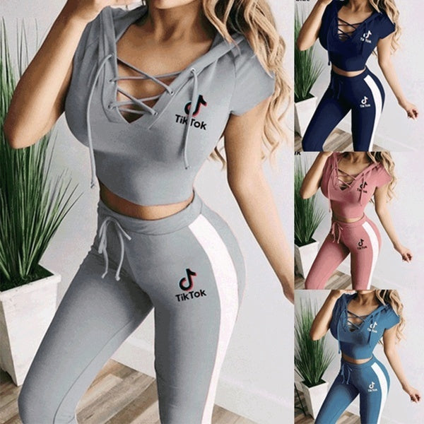 2020 New Women Fashion Sport Yoga Sets Casual Short Sleeve Pure Color Lady Tracksuit Sportsuit Sportwear T-shirt and Pantsjogging Suit Jogging Suit