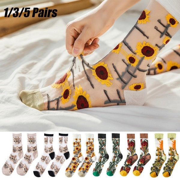 1-3-5 Pairs Ultrathin Transparent Crystal Glass Silk Socks Women Creative Harajuku Flower Kitty Pattern Socks Girls Soft Elastic Lace Sheer Socken