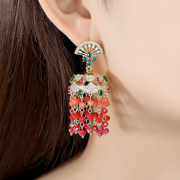 CANDICE Boucles d'oreilles pendantes en forme d'éventail uniques pavées de CZ vertes avec perles colorées faites à la main - Boucles d'oreilles longu