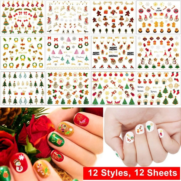 12 Sheets 3D Christmas Nail Stickers Self-adhesive Decals Santa Snowman Xmas Tree Stickers for Women DIY Nail Art