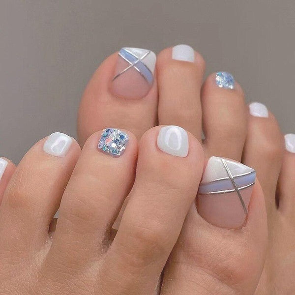 Summer False Toenails For girls Blue and white French Press On Toenails Artificial Nail tips Full Cover False toenails Tips