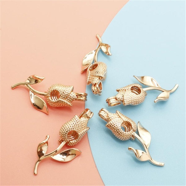 10pcs Rose Gold Tulip Rose Flower Leaf Pearl Cage Lava Bead Cage Pendant Diffuser Lockets for Oyster Pearl Jewelry Making