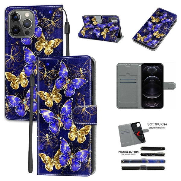 Coque de téléphone en cuir PU avec support, fente pour carte et cordon pour iPhone 14-13-12-11-XR-XS & Samsung Galaxy S23 S22 S21 S20 A24 etc & Google Pi