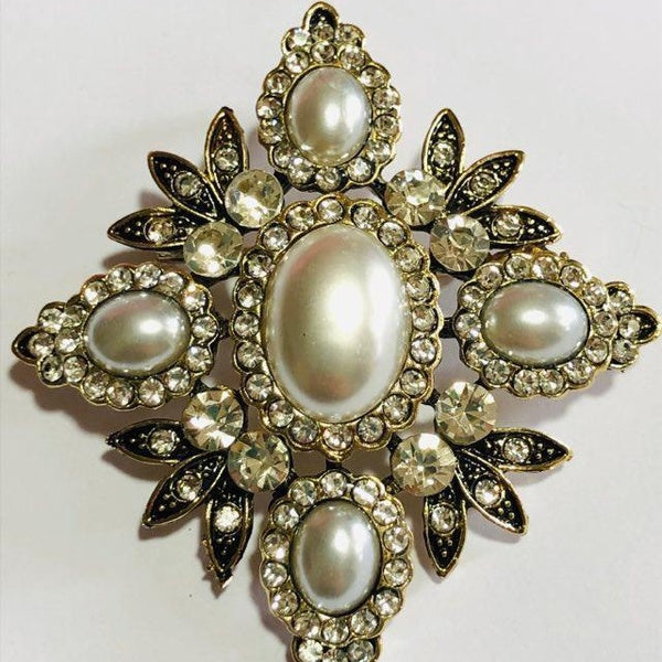 Baroque Style Bridal Crystal Pearl Cross Brooch - Pendant Shawl Pin Jewellery