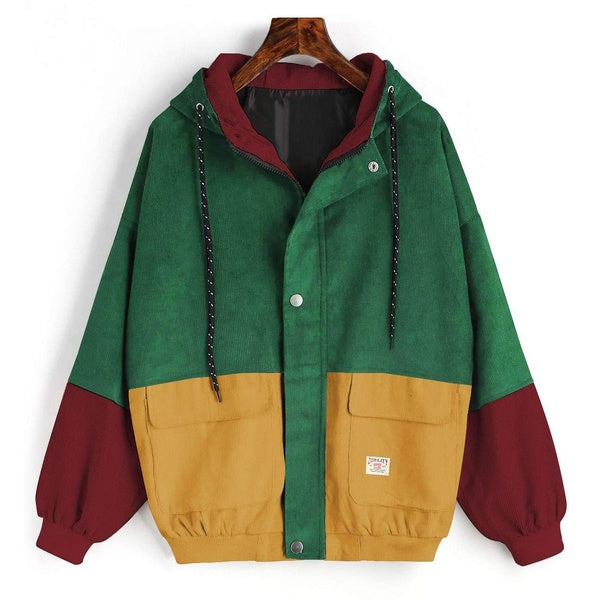 Veste ample à capuche en velours côtelé pour femme, Vintage, blocage des couleurs, manches Raglan, manteau décontracté, coupe-vent