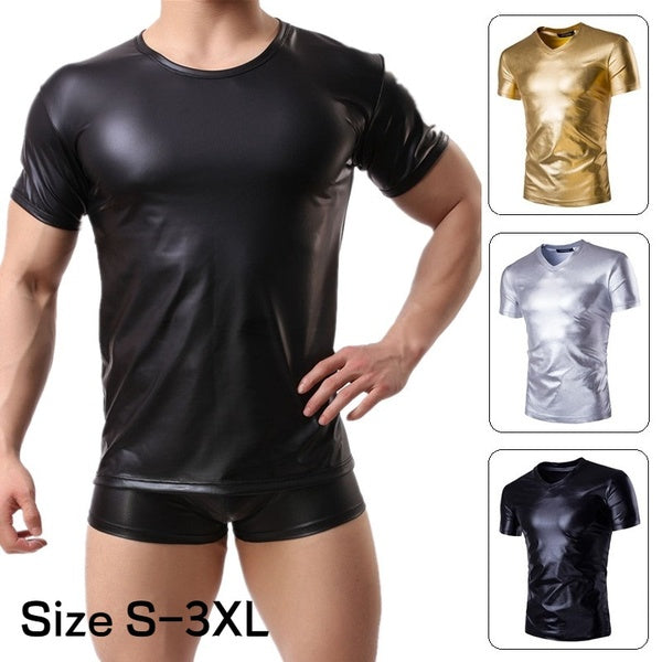 Men's Fashion V-neck Bodybuilding Leather T-Shirt Male Short Sleeve Fitness Muscle Shiny Tees Halloween Stage Performance（3 Colors）