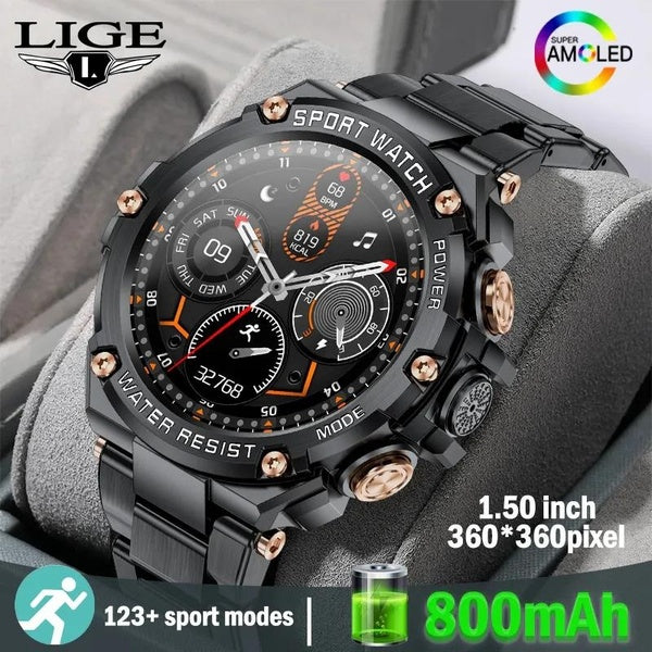 LIGE 360*360HD Large Screen 800mAh Big Battery Outdoor Smart Watch Bluetooth Call Heart Rate Monitor Men Smart Clock 1.5inch Waterproof Military Spor