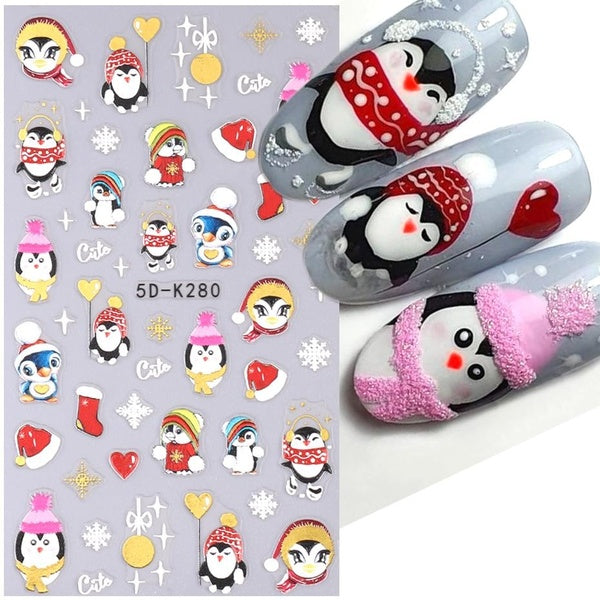 5D Christmas Penguin Embossed Nail Stickers White Glitter Bird Bear Elk Snowflake Cartoon Animal Winter Engraved Manicure Tips