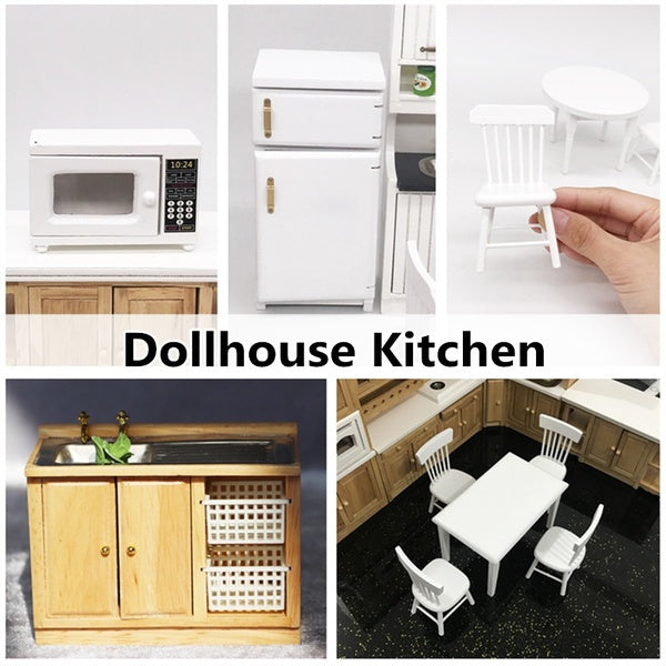 Wooden Dollhouse Furniture Dollhouse Kitchen Miniatures Scene 1:12 Refrigerator Microwave Oven Mini Dinning Table Chairs Kids Toy