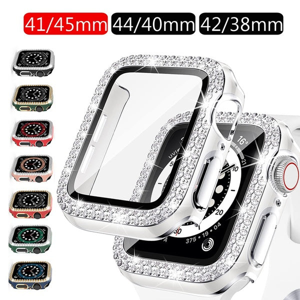 Diamond Case with Tempered Glass for Apple Watch Series 9 8 7 6 SE 5 4 3 2 1 for IWatch Accessories Cover +Screen Protector 41mm 45mm 40mm 44mm 38mm