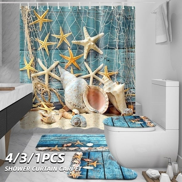 Fashion Beach Star Starfish Shell Shower Curtains Modern Polyester Waterproof Bathroom Curtain Hook Set Bath Mat Carpet Toilet Accessories Household