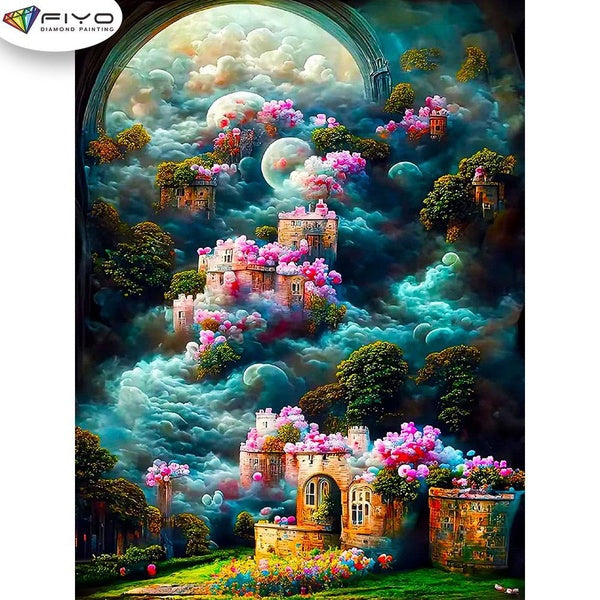 FIYO Castle on the Cloud Diamond Painting Kits For Adults DIY 5D Diamond Mosaic Diamond Painting Home and Kitchen Fashion Canvas Pictures Wall Decora