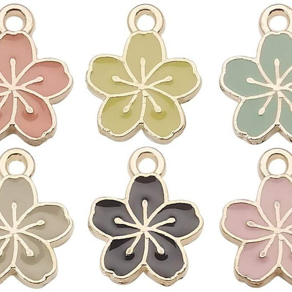 24pcs Gold Plated Enamel Cherry Blossoms Flower Charms Pendant for Jewelry Making Necklace Bracelet Earring DIY Jewelry Accessories Charms (M424)
