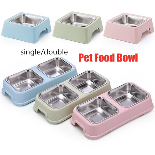 Single-Double Dog Cat Bowls Stainless Steel Pet Food Water Feeder Puppy Kitten Feeding Dishes New