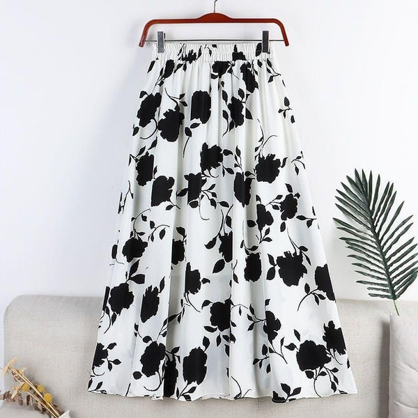 Lucyever Vintage Printed Long Skirt Women Summer Elastic High Wiast Mid-Calf Skirts Female Casual All-Match A-Line Pleated Skirt