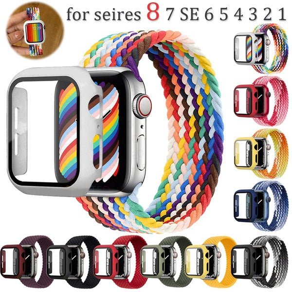 Tempered Glass Case +Nylon Strap band for Watch 8 44mm 40mm 45 mm 41mm screen protector Fabric Elastic Bracelet for Watch Series 3 4 5 SE 6 7 2 1 42m