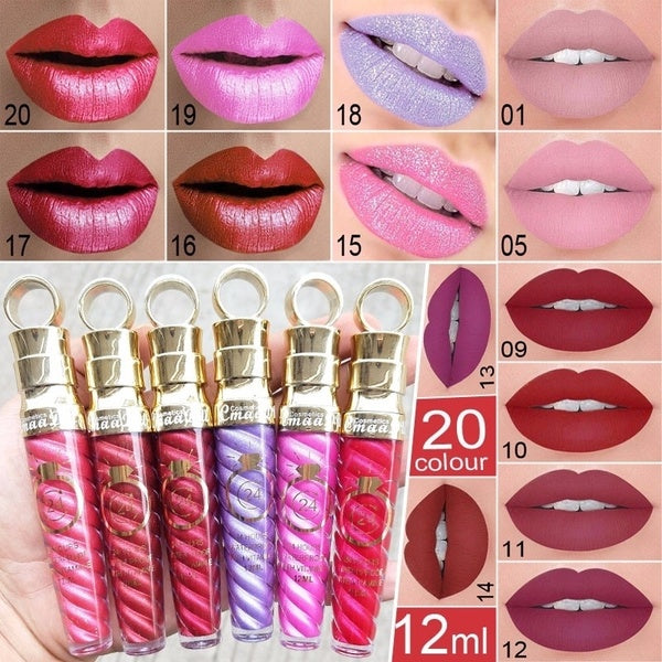20 - Color Long Lasting Waterproof Threaded Tube Turnip Head Matt Metal Pearlescent Lip Gloss Lipstick