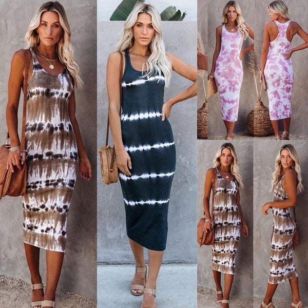 Summer Fashion Women Tie-dye Sleeveless Tank Dress Sleeveless Vestidos Casual Long Maxi Dresses