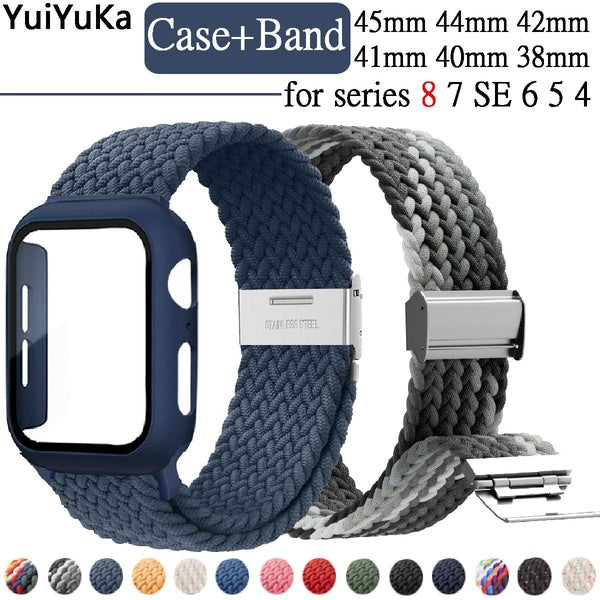 YuiYuKa Tempered Glass Case Nylon Elastic Strap for Apple Watch 8 6 SE 7 45mm 41mm 44mm 40mm 38mm 42mm Screen protector Cover Sport Band Bracelet for