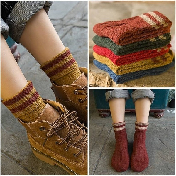 Women Thicken Wool Socks Winter Warm Boot Socks Vintage Knit Stripe Crew Socks 1 Pair []