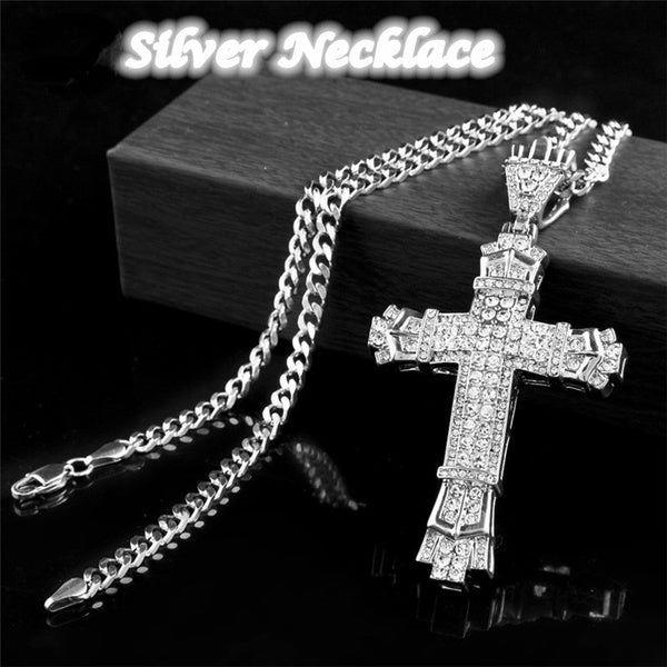 Men's Fashion accessories Silver - Gold DIAMOND Cross Pendant Necklace Chain Cross Necklace