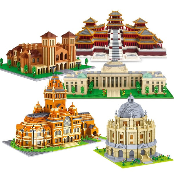 World Architecture Landmarks Famous Building Blocks DIY 3D Puzzles Toys University Oxford Cambridge Harvard MIT Wuhan Yellow Crane Tower, Saint Basil