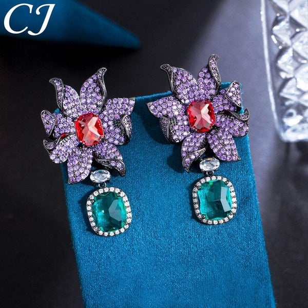 CANDICE Unique pavé violet rouge AAA CZ fleur balancent avec ovale vert pierre noir or couleur boucles d'oreilles pendantes Vintage femmes oreille bi