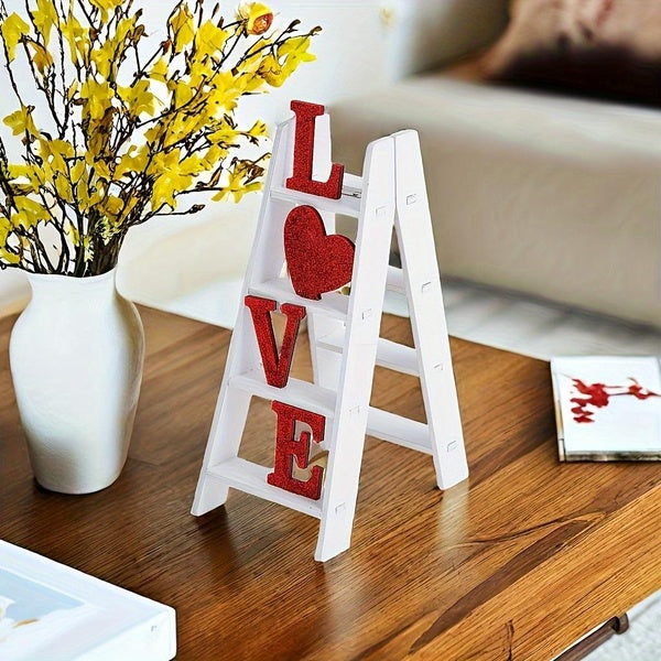 Classic Wooden Love Ladder Tabletop Decor Red Glitter Heart & Letters Romantic Art Sculpture Ideal Valentine's Day Gift and Home Decoration