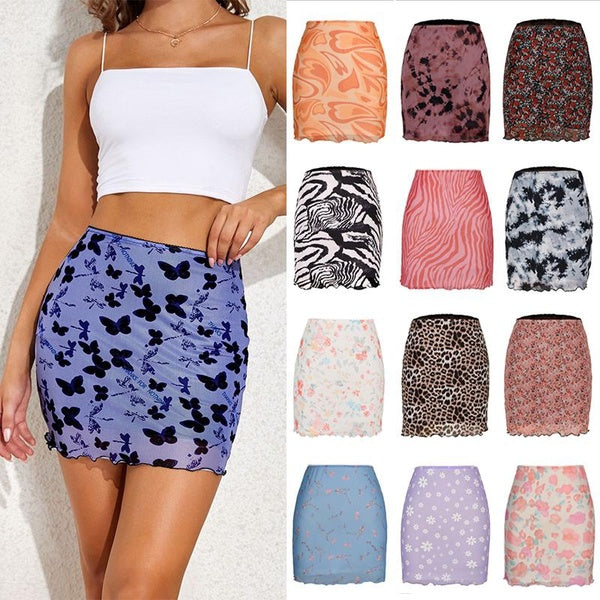Womens Mini Skirts Floral Leopard Print Mesh Elastic Waist Bodycon Skirts Wrap Skirt Pencil Skirt For Women