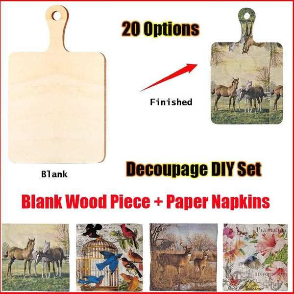 Decoupage DIY Set Blank Decoupage Wood Piece Handled Unfinished Plaque Wooden Slice Hanging Tag with 10PCS Printed Paper Napkins for DIY Craft