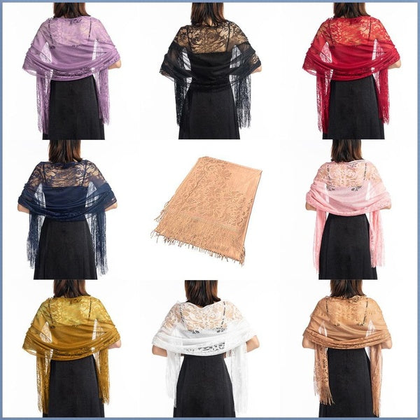Femmes Floral Dentelle Écharpe Châle Avec Glands Pour Mariage Soirée Robes De Soirée Doux Maille Frange Wraps isfang