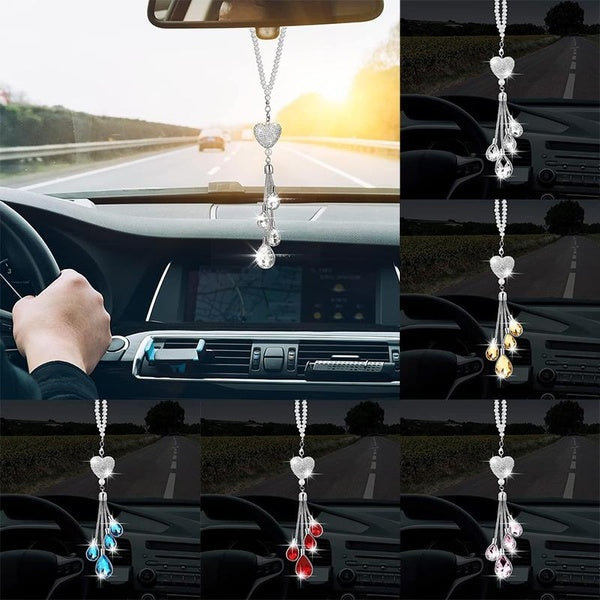 Bling Heart Diamond Car Accessories, Crystal Car Rear View Mirror Charms Car Decoration Valentine's Day Gifts Lucky Hanging Interior Ornament Pendant
