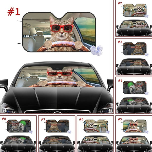 Animal Driver Portable Car Sun Shade Funny Cat Raccoon Driving Car Windshield Sunshade Car Window Windscreen Cover Auto Sun Visor Car-covers UV Prote