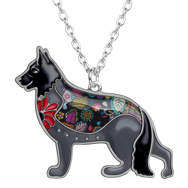 Émail Alliage Floral Berger Allemand Chien Collier Animaux Animaux Chaîne Collier Ras Du Cou Cadeau pour Femmes Filles Enfants Charme Bijoux Décorati