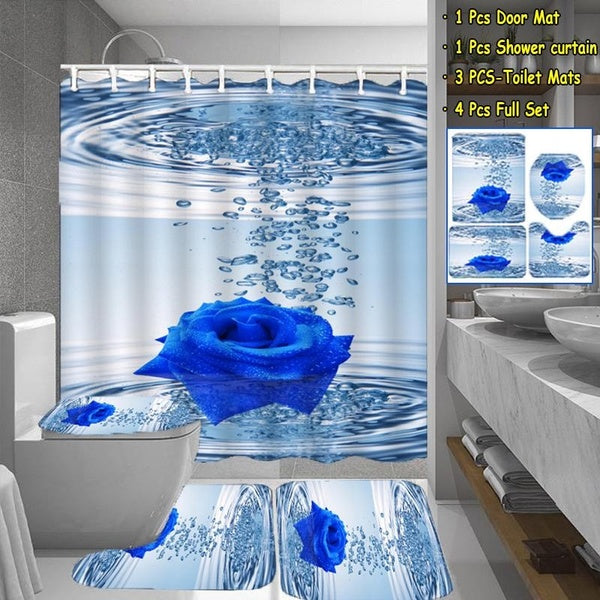 Blue Romantic Water Rose Flower Shower Curtain Bathroom Set Waterproof Shower Curtain + Lid Toilet Mats Set + Anti-Slip Carpet + Non-Slip U Shape Mat