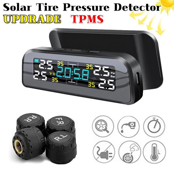 Tire Gauge Pressure Temperature Alarm Monitor System Solar Power Wireless LCD Display with 4 External Sensors