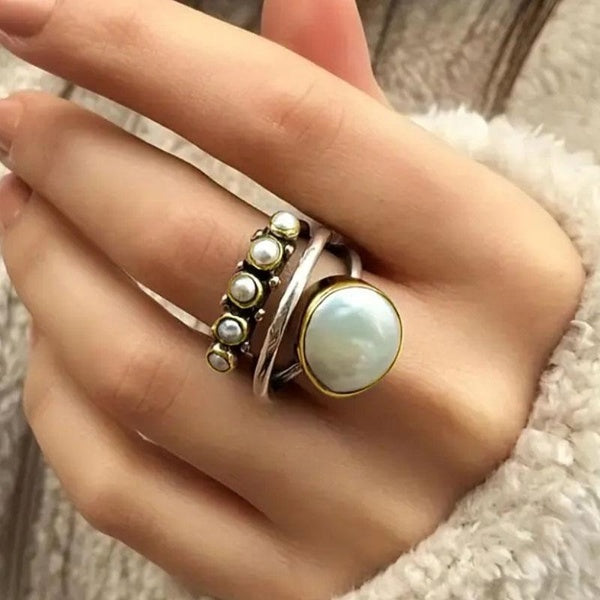 Bohemian Retro Rings Two Tone Multilayer Pearl Rings for Women Fashion Accessories Matron Inn